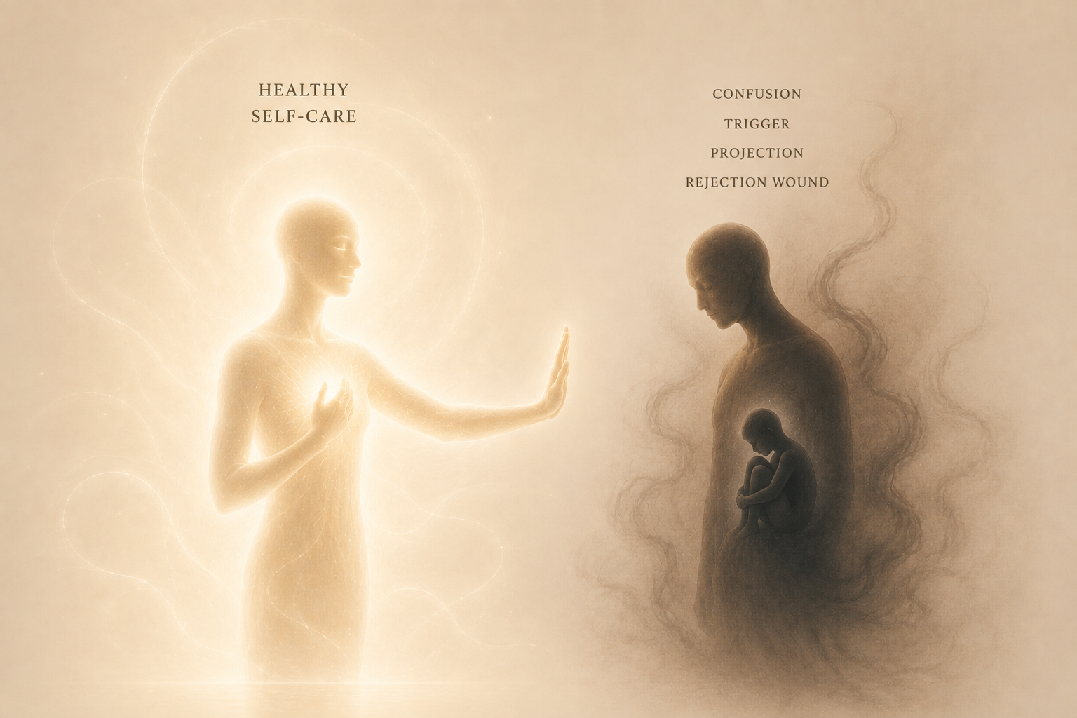 A luminous figure setting a boundary beside a shadowed figure holding an inner child