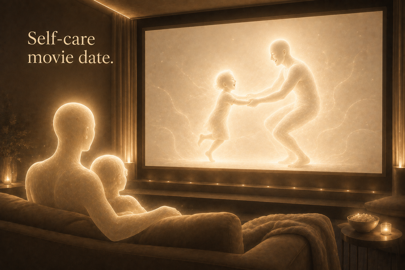 Two glowing figures watching a joyful scene on a cinema screen