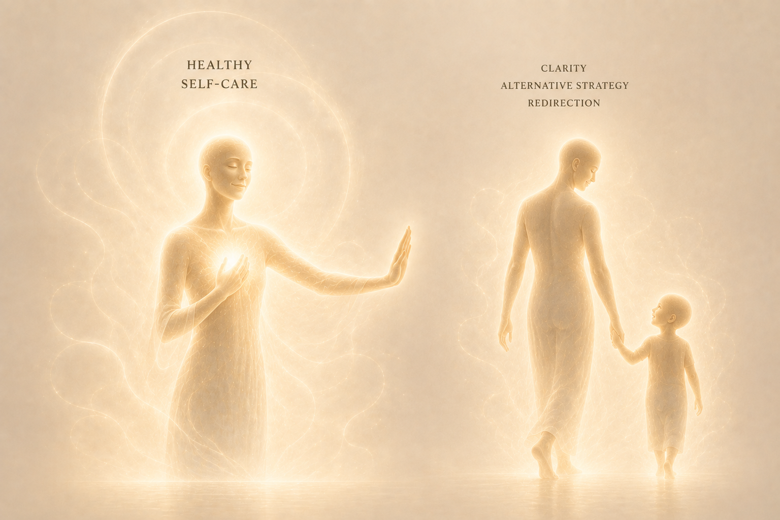 A luminous figure setting a boundary beside a figure walking hand in hand with a child